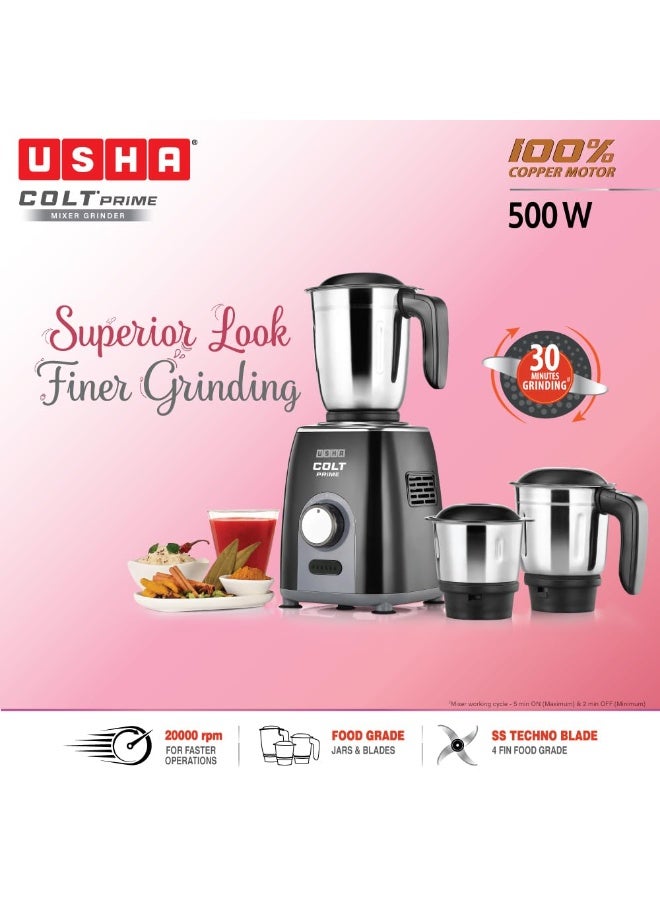 USHA Colt Prime Mixer Grinder| 500W| Powerful 100% Copper Motor| Rust Resistant Stainless Steel Jars & Blades| Uniform Grinding with 3 Jars| 5 Years Motor Warranty - Image 3